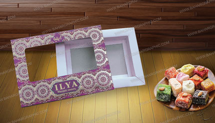  طراحی و چاپ جعبه اختصاصی شیرینی برند ایلیا